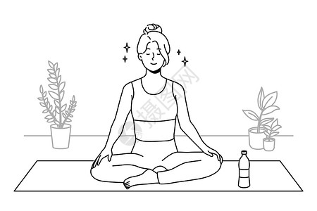 让呼吸更自由冷静的女人在家做瑜伽运动自由女性思考插图女孩绘画卡通片专注手印插画