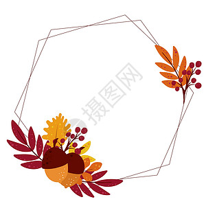 橡子以花橡果和浆果装饰的秋光框架设计图片
