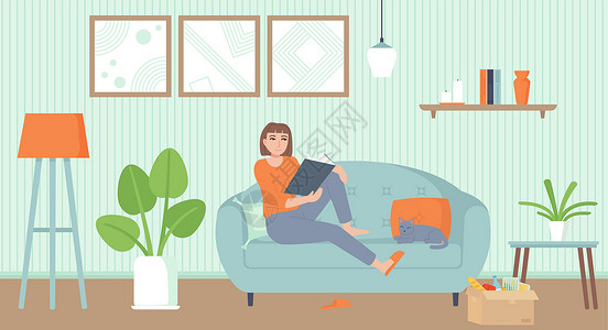 家庭娱乐 隔离期 放松概念 舒适的室内客厅和一只猫 沙发上的女孩阅读一本书 卡通平板风格的股票矢量插图背景图片