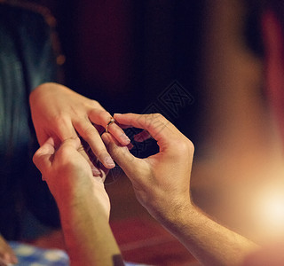 这枚戒指是我的爱和承诺的象征 一个男人把订婚戒指戴在未婚妻的手指上背景图片