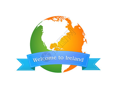 欢迎来到异世界欢迎来到爱尔兰世界蓝色标识橙子地球传统徽章丝带绿色磁带插画