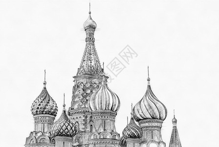 大铅笔莫斯科圣巴西尔大教堂白色背景的笔画草图背景