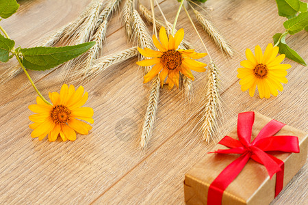 小麦 鲜花和木制桌上的礼品盒干小麦小粒子背景图片