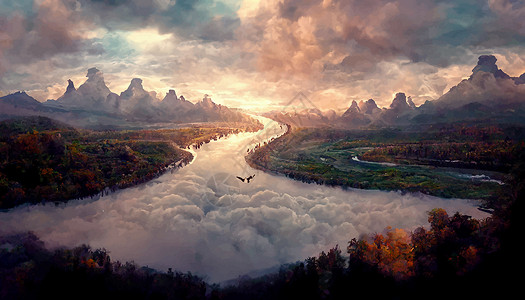 飞过河流和山山壁纸插图的鸟类山脉日落天空艺术品墙纸蓝色背景图片