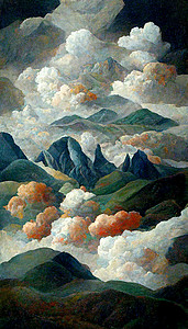 山上云彩的风景 水彩图示墙纸艺术品插图背景图片