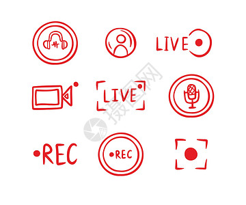 设置手绘直播涂鸦图标 视频广播按钮 红色符号 电视 新闻 节目电脑电影麦克风网站记录技术生产商业相机展示背景图片