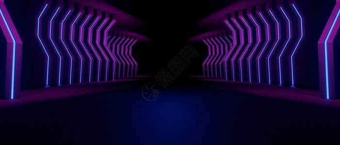 抽象 3D 仓库机库宇宙飞船现实陈列室钢金属框架走廊隧道黑暗地下地下室宝蓝色高分辨率抽象背景 3D 渲染背景图片