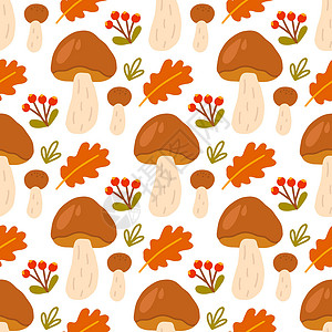 鸡炖蘑菇白底带叶子和浆果的波西尼蘑菇 矢量无缝模式插画