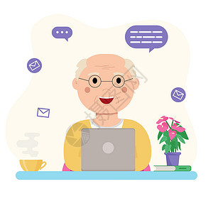 老人互联网快乐的祖父有笔记本电脑 老人用电脑在互联网上进行交流插画