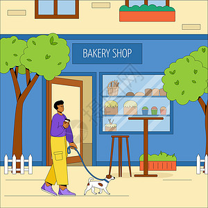 带着食物的妇人带有户外桌椅的城市面包店大楼 友好的人带着狗在新鲜空气中放松 夏季咖啡馆的矢量概念 平面矢量图设计图片