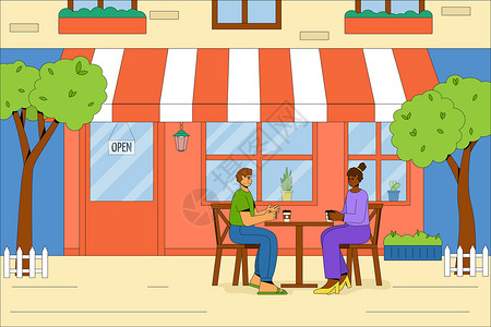 咖啡馆喝咖啡人们在户外放松并喝咖啡 带有户外桌椅的夏日咖啡馆大楼 夏季咖啡馆的矢量概念 平面矢量图购物顾客杯子景观食物店铺建筑夫妻家具小酒馆设计图片