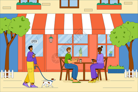人们在户外放松并喝咖啡 带有户外桌椅的夏日咖啡馆大楼 友好的人带着狗在新鲜空气中放松 夏季咖啡馆的矢量概念 平面矢量图设计图片