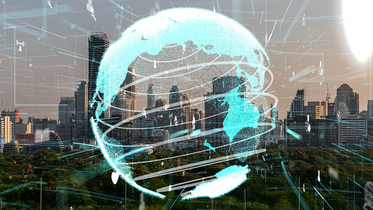智能城市的全球连接和互联网网络的改变在智能城市服务商业天空全球化数据基础设施人工智能景观手机速度城市景观高清图片素材