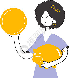 拿着气球的猪女人手里拿着一枚硬币和一头猪的银行 是储蓄钱的主题 线性潮流风格 孤立无援 矢量设计图片