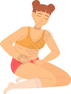 腹痛的女孩Yoing女孩受了晚间疼痛的折磨 女人坐着手在肚子上 Sycke抽筋的概念插画