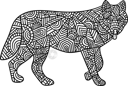 成人彩色页面填色灰狼图画书圆圈动物野生动物彩页涂鸦染色手绘背景图片