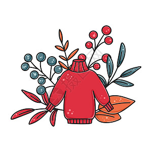毛衣针织衫用毛衣 树叶和浆果画出创造性的手工艺品插画