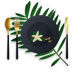 金色勺子矢量 3d 逼真 空黑盘 餐具时尚金色餐具 带有香草花和棕榈枝的热带风格装饰 模板 布局 透明背景上的顶视图插画