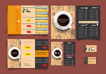咖啡店菜单矢量餐厅宣传册 小册子的菜单设计 带有手绘图形的矢量咖啡馆模板 带有幸运卡的食品传单插画