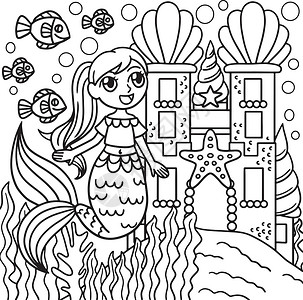 城堡前的美人鱼彩色页面背景图片