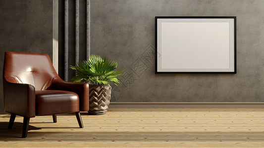 极简主义审美客厅室内设计 带植物和墙框的旧式沙发 3D 插图背景图片