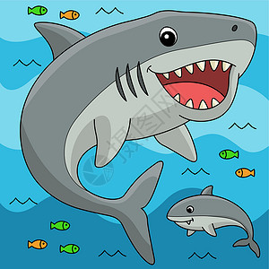 手绘长尾鲨Megalodon 动物有色卡通插画说明插画