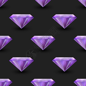 紫色珠宝矢量无缝图案与 3d 逼真的宝石 水晶 黑色水钻 珠宝概念 设计模板 宝石 水晶 水钻或宝石 顶视图钻石红宝石游戏宝藏财富奢华平插画