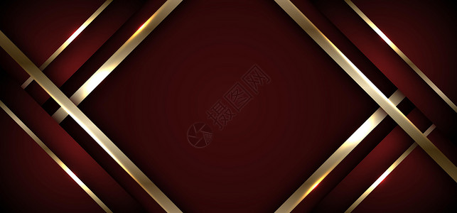Banner 网络模板抽象 3D 红色和金色条纹三角形形状 在暗底背景上闪亮的金线照明效果背景图片