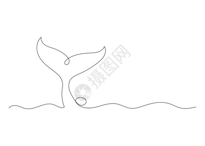 鲸尾鱼的连续线图画 最小化艺术背景图片