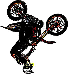 摩托车特技执行极端跳跳魔术的摩托车手的彩色矢量图像危险速度自由天空调频越野赛车手特技运动头盔插画