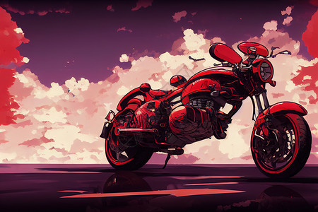 动画云背景的红色电动摩托车背景图片