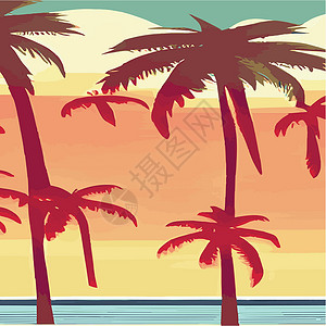 暑假班招生宣传单复古棕榈树海滩 具有阳光渐变的抽象背景 棕榈树剪影卡通平面全景景观 日落与棕榈树彩色背景暑假 日出或日落天堂海洋季节天空植物坡度设计图片