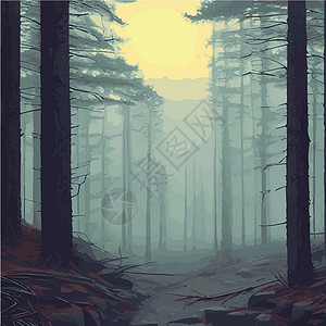 拂晓印刷神秘森林 夜暗雾林的背景景观 卡通彩色的泰加黑图示Taiga dark林地飞行展示黑暗蓝色魔法松树森林树木薄雾插画