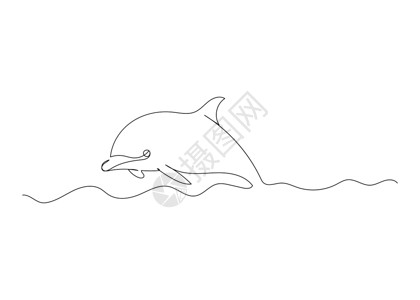 海豚与海洋接壤的连续线画 最小化艺术插图草图动物绘画涂鸦卡通片背景图片