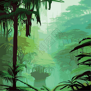 泰国丛林飞跃印刷多彩热带雨林 棕榈叶和其他植物 阿洛哈纺织品收集 茂密的热带森林生态叶子丛林木头杂草插图灌木丛异国风景雨林插画