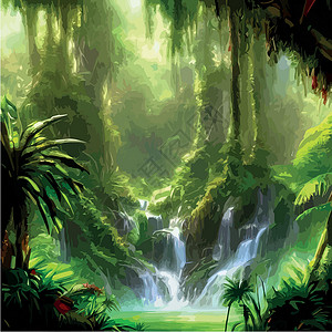 印刷的外来雾森林自然林地貌 矢量说明 风景双影 浓树 鲜花泉热带雨林气候动物插图植物学热带雨林叶子旅行打印背景图片