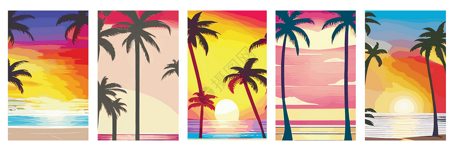 观光旅游设置垂直反向日落海报 在棕榈树海滩上设定80和90年代的风格 背景摘要 有阳光梯度旅游观光绘画太阳艺术品叶子异国橙子热带旅行插画