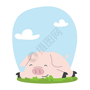 农家猪长在草地卡通画上的可爱小猪插图家庭快乐微笑跑步哺乳动物栅栏农家场地母亲插画