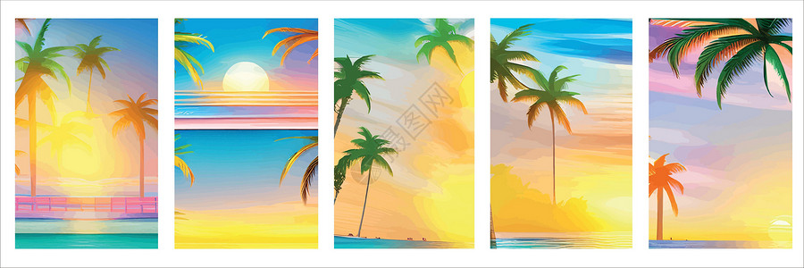 卡伦海滩与现实剪影棕榈树日落海滩卡 与晴朗的天空 棕榈树海滩的热带风景 暑假热带植物 海洋海浪 向量集的垂直海报旅游太阳旅行支撑标识天堂插画