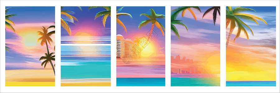 游鱼海景风景画与现实剪影棕榈树日落海滩卡 与晴朗的天空 棕榈树海滩的热带风景 暑假热带植物 海洋海浪 向量集的垂直海报旅游天堂植物群夏令插图假插画