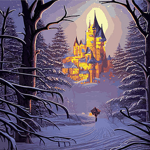 雪 雪花 夜晚 月亮 冬季风景 矢量图小孩子们 注邀请函魔法森林艺术阳光树木海报旅游地面建筑学背景图片