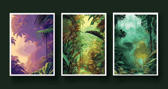 泰国的艺术设置垂直海报 五颜六色的热带雨林 棕榈叶 其他植物 阿罗哈纺织品系列 热带森林植被茂密 乔木 灌木藤蔓 风景与绿色的花朵生物学插插画