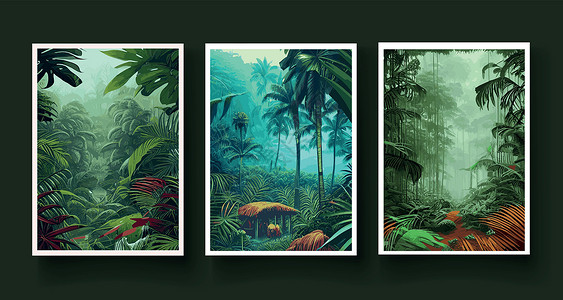 巴西风景设置垂直海报 五颜六色的热带雨林 棕榈叶 其他植物 阿罗哈纺织品系列 热带森林植被茂密 乔木 灌木藤蔓 风景与绿色的花朵插图冒险插画