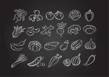 蔬菜素描粉笔素描蔬菜图标套装矢量图解设计图片