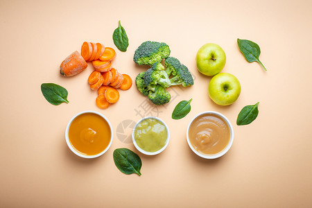 菠菜胡萝卜婴儿自然食品孩子菠菜绿色橙子水果蔬菜桌子父母营养儿童背景
