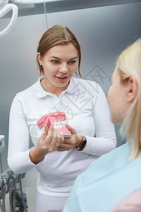 正在接受牙科检查的可爱年轻女子模具牙医女性保险考试病人医生从业者牙刷治疗背景图片