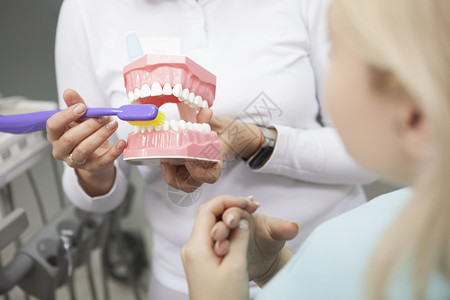 在牙科诊所工作的女性专业牙医 女职业牙医医生牙齿治疗工具卫生医院客户青年模具检查背景图片
