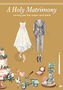 婚礼定制宣传单带有华丽绿色婚礼概念 水彩风格的海报模板夫妻礼物广告派对插图玫瑰教会裙子传单庆典插画