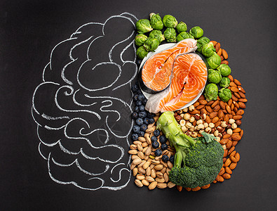 画鱼健康大脑食品压力思考头脑营养蔬菜平衡活力粉笔智力坚果背景