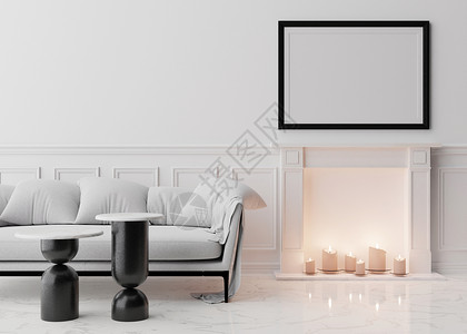 蜡烛图现代客厅白墙上的空黑色相框 模拟经典风格的内饰 自由空间 复制空间为您的图片 白色沙发 桌子 带蜡烛的壁炉 3D 渲染背景